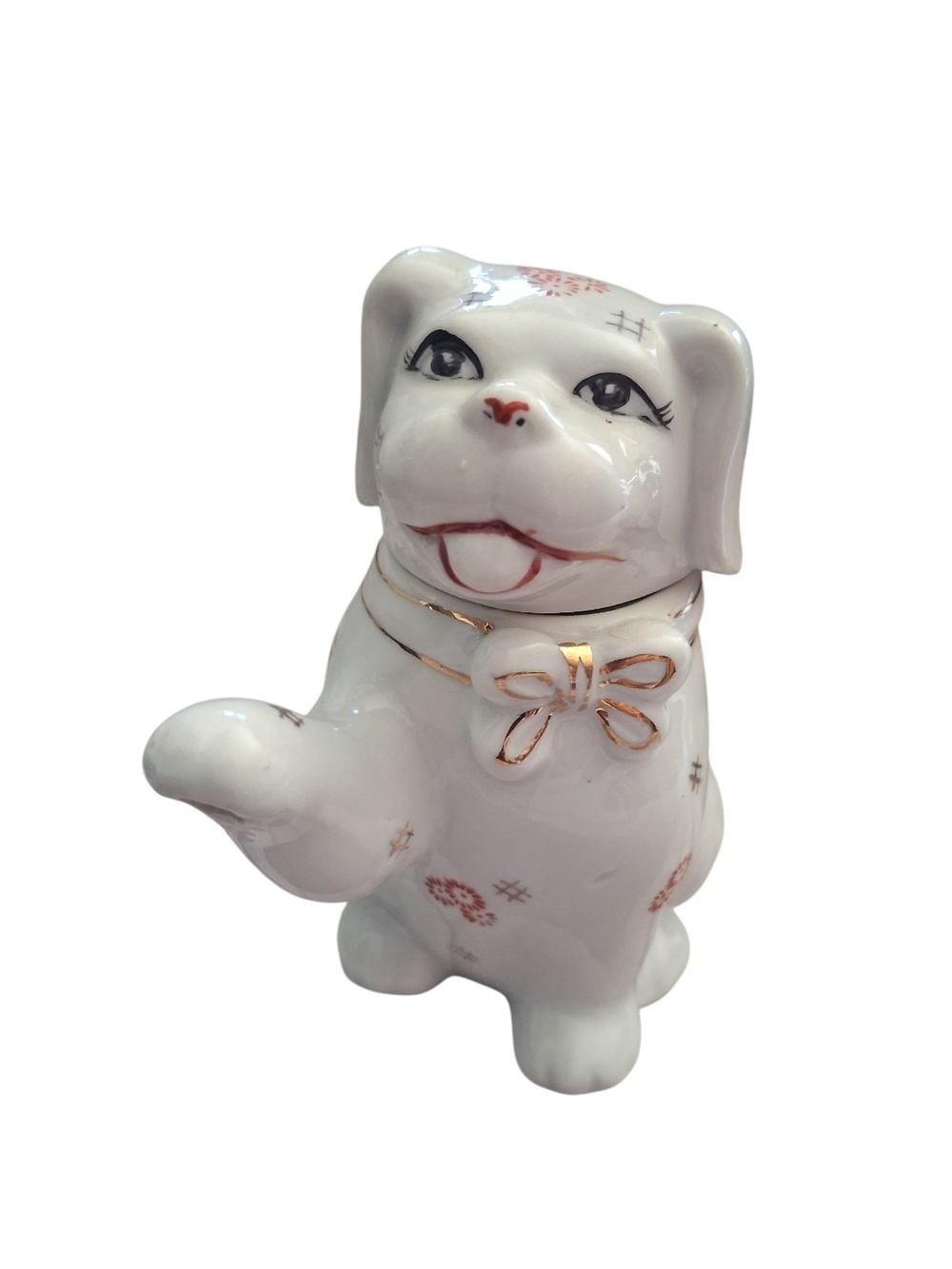 White Ceramic Lucky  Dog Teapot with Gold Accents